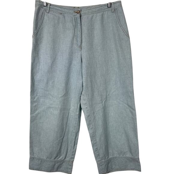 LL Bean Blue Linen Cotton Cropped Pants Size 14 Regular Wide Leg - Picture 1 of 13